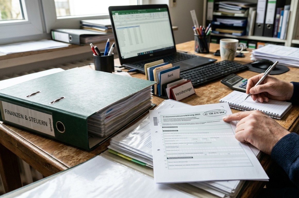 Arbeitsplatz mit Steuerunterlagen, Aktenordner und Notizen